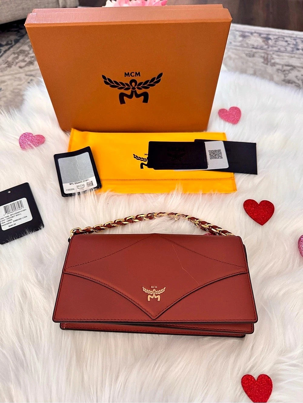 MCM Diamond Leather Convertible Chain Wallet Crossbody Red NWT